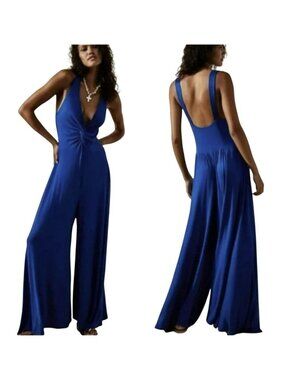 Free People Beach Harlow Royal Blue Wide-Leg Jumpsuit Small New
